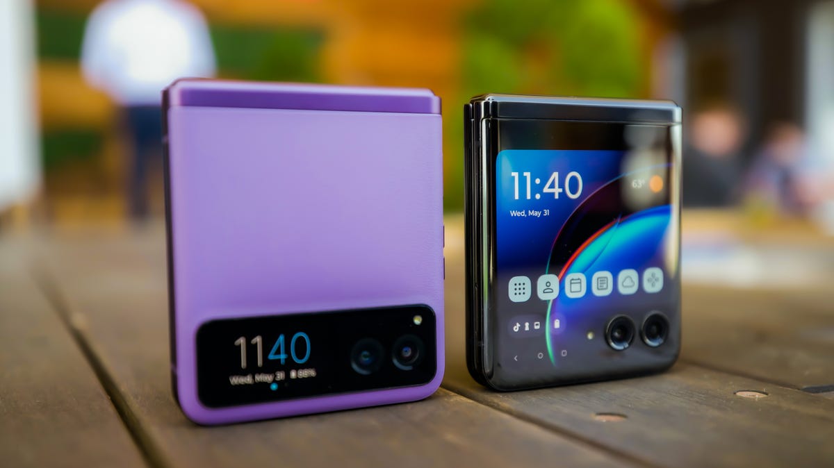 The Motorola Razr 2023 on the left and the Razr Plus on the right
