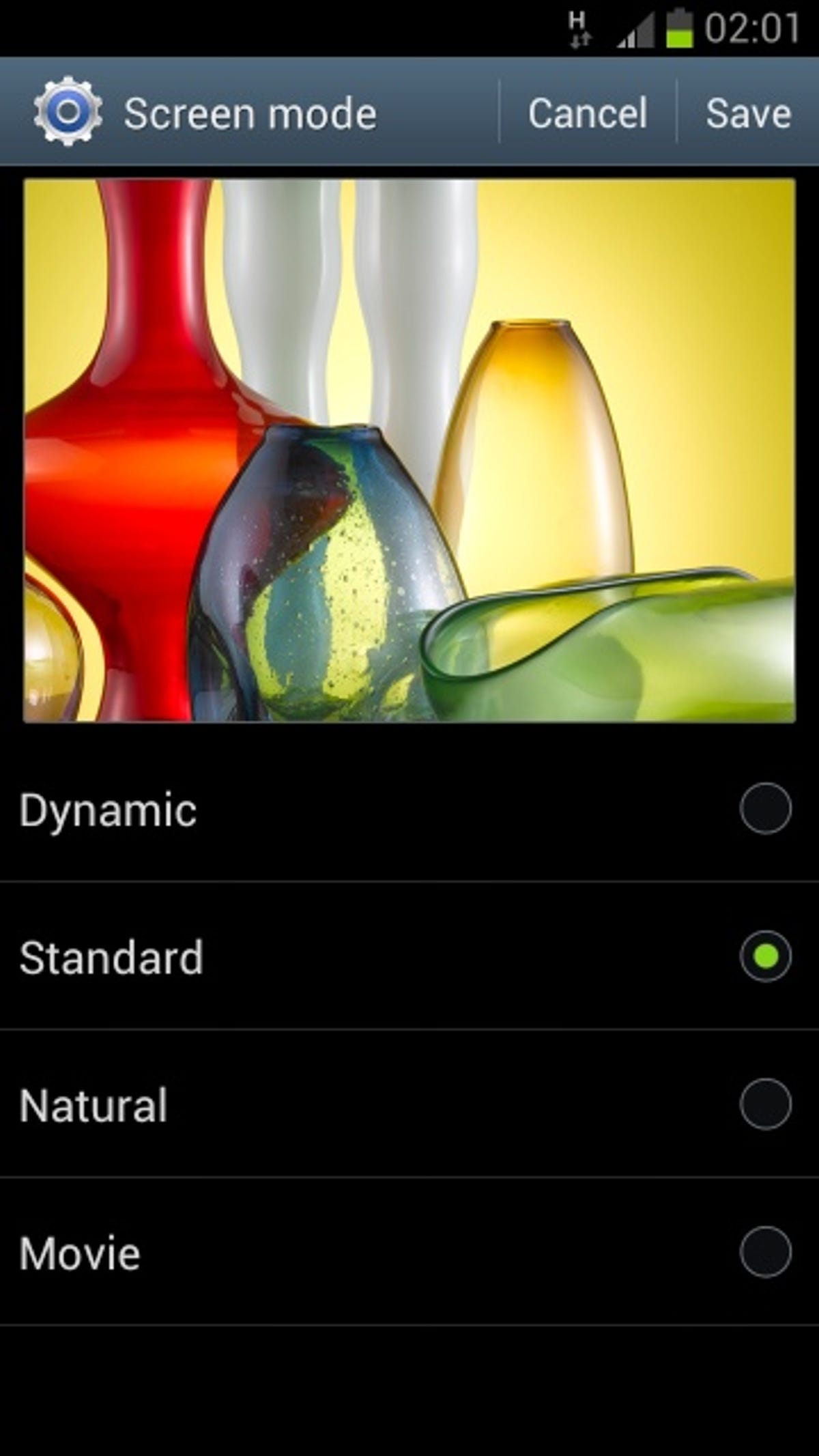 Samsung Galaxy S3 battery life: screen mode