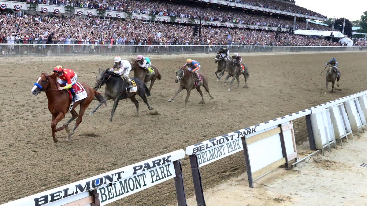 Action image of the Belmont Stakes horse race in 2018.