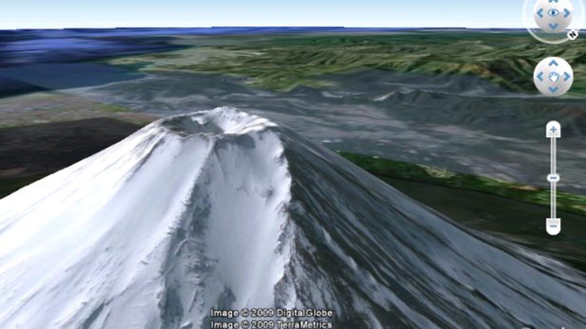 The tip of Mt. Fuji, now in higher resolution from GeoEye-1 satellite imagery in Google Earth.