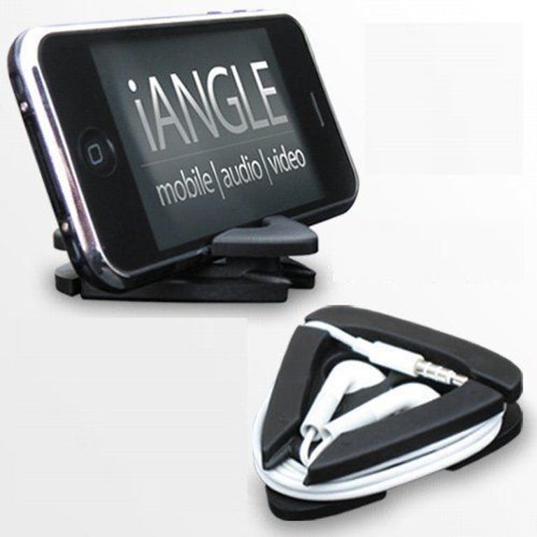 The iAngle stores your earbuds and props up your iPhone.