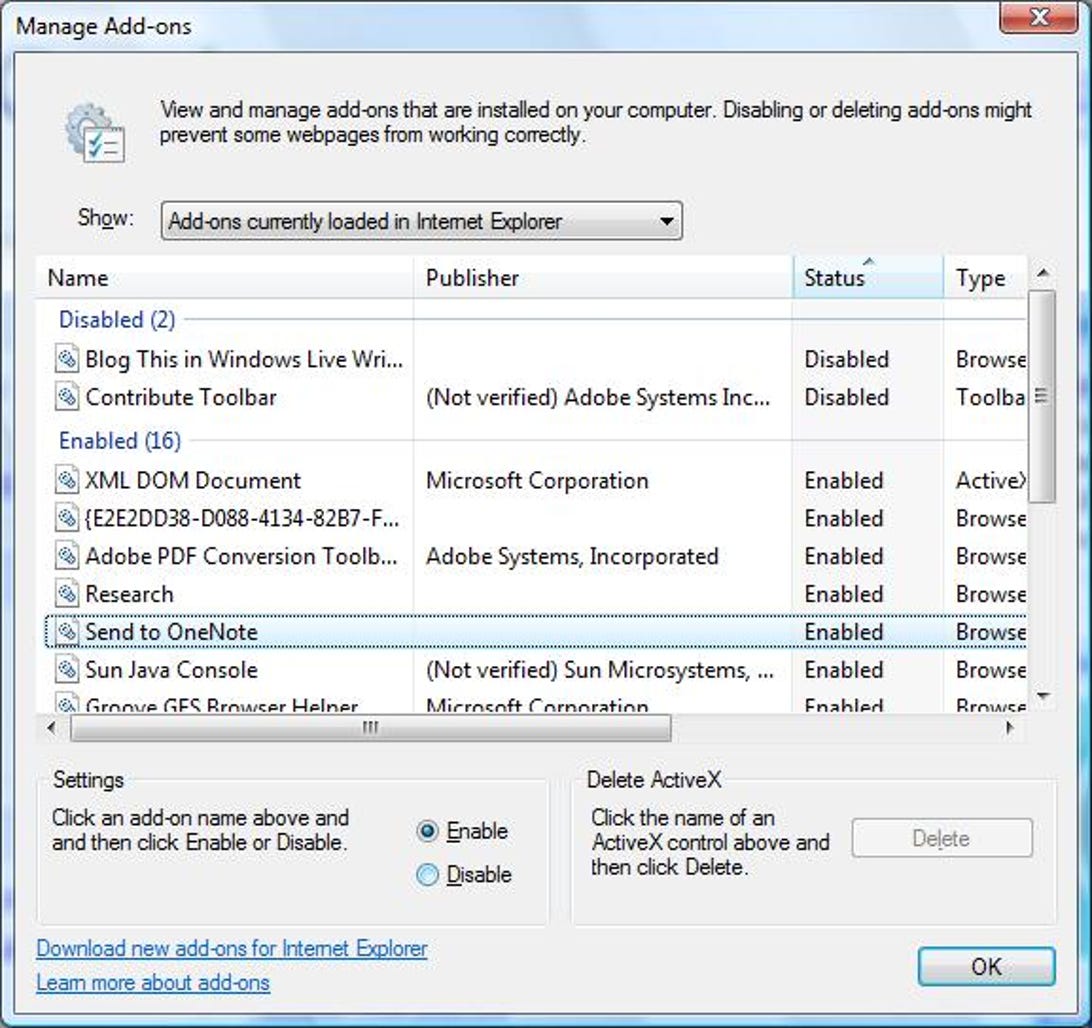 Internet Explorer 7's Manage Add-ons dialog box