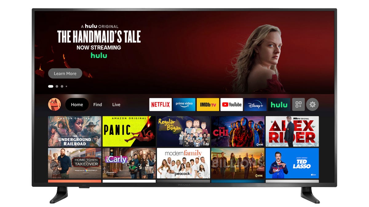 A 58-inch Insignia Fire TV shows a display with multiple shows to choose from.