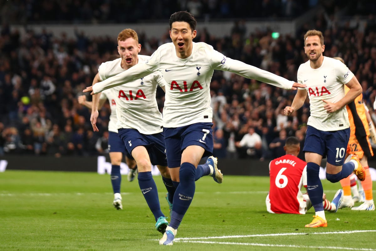 Son Heung-Min of Tottenham celebrates scoring against Arsenal