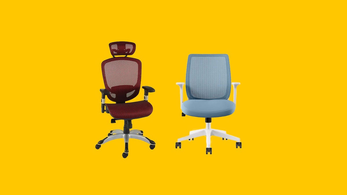 A red office chair and a blue office chair on a yellow background
