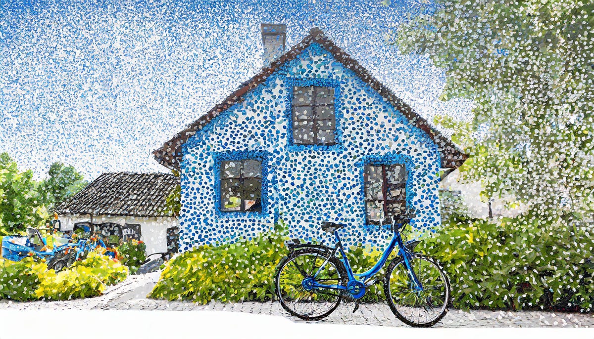 An AI-generated pointillist image of a blue bikek parked in front of a suburban house