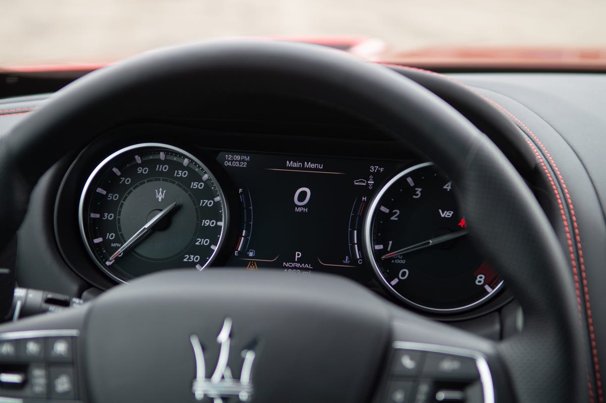 2022 Maserati Levante Trofeo in red, close up details of the gauge cluster