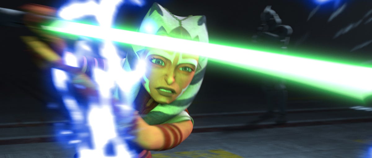 Ahsoka Tano deflects a stunning blast with a green lightsaber in Star Wars: Tales of the Jedi