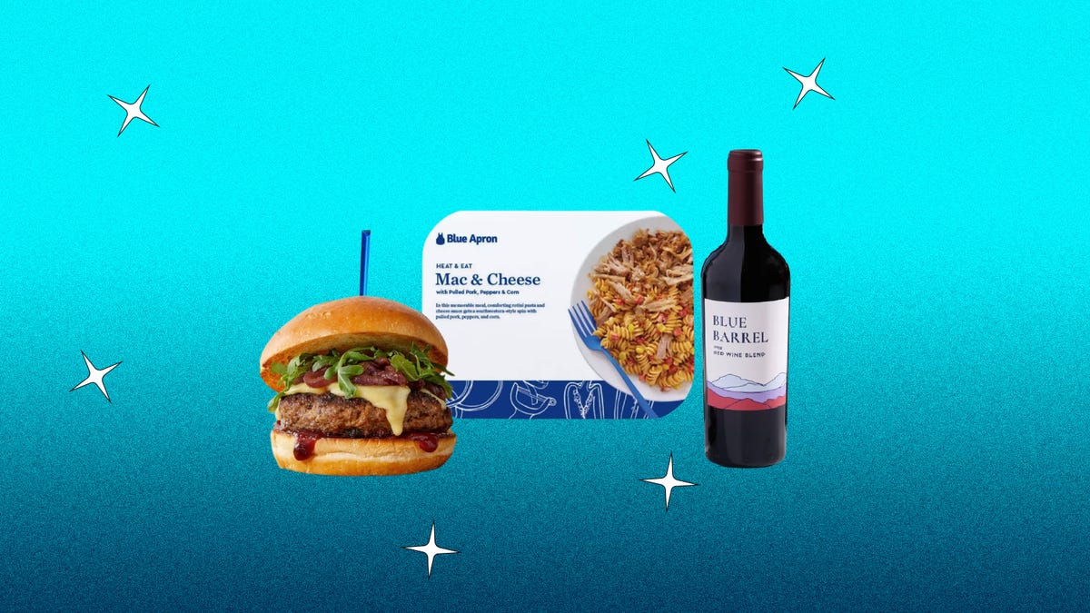 Blue Apron cheeseburger, mac and cheese, and bottle of wine
