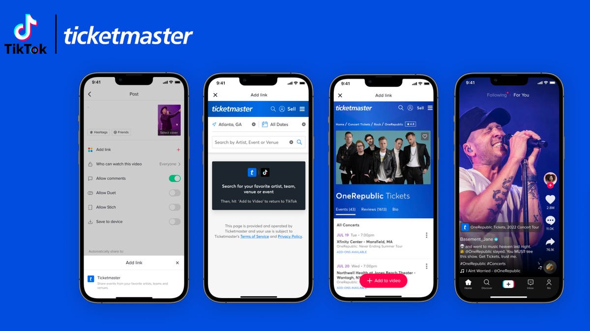 A photo of four screen grabs of the new TikTik and Ticketmaster in-app feature