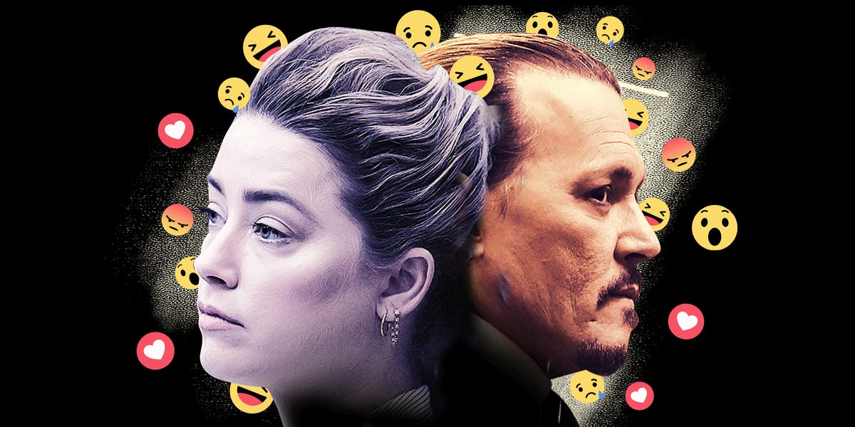 Amber Heard and Johnny Depp, surrounded by emojis