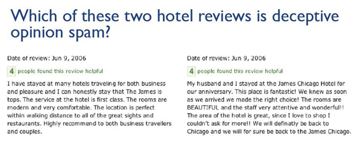 two hotel reviews: one fake, one real