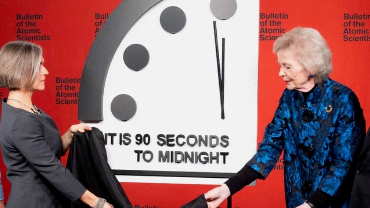The giant Doomsday Clock shows 90 seconds to midnight
