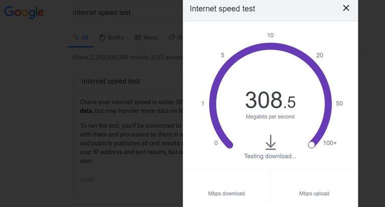 Screenshot of an internet speed test result