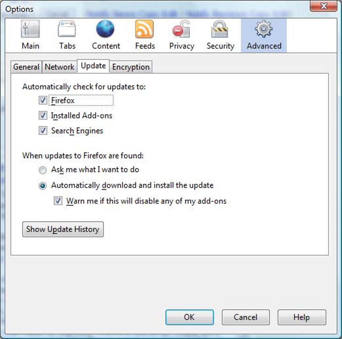 Mozilla Firefox's update settings in the Advanced Options dialog box