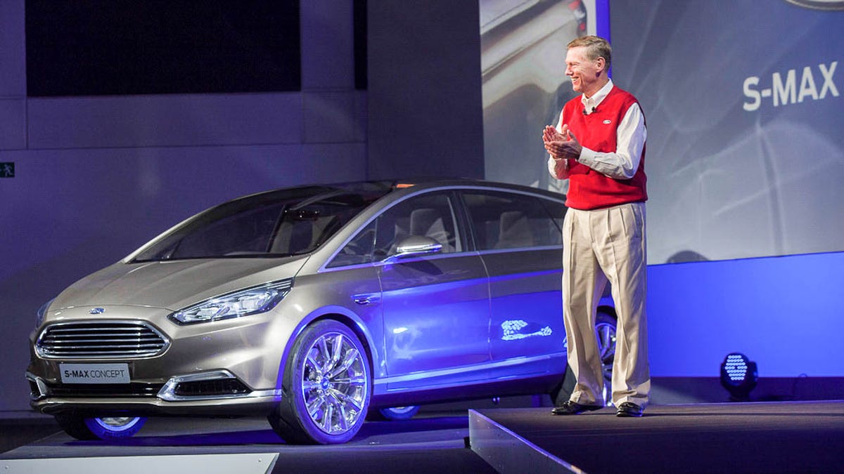 Ford CEO Alan Mulally next to an electronically augmented S-Max concept car at the IFA show in Berlin