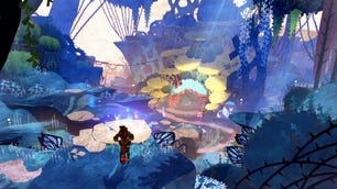 Screenshot of a girl in a hand drawn forest in the video game Cereza and the Lost Demon