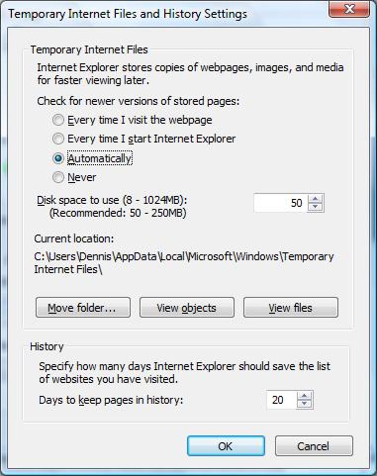 Microsoft Internet Explorer 7 Temporary Internet Files and History Settings dialog box