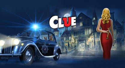 Clue: Hasbro's Mystery Game Plus title card showing a woman in a red dress holding a candlestick behind her back and a cop car