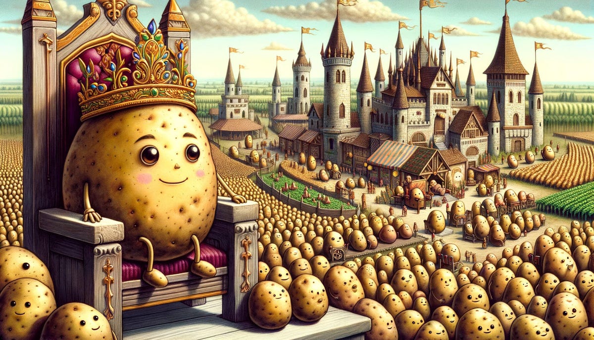 An AI-generated image of a potato king sitting on a throne over hundreds of his potato subjects