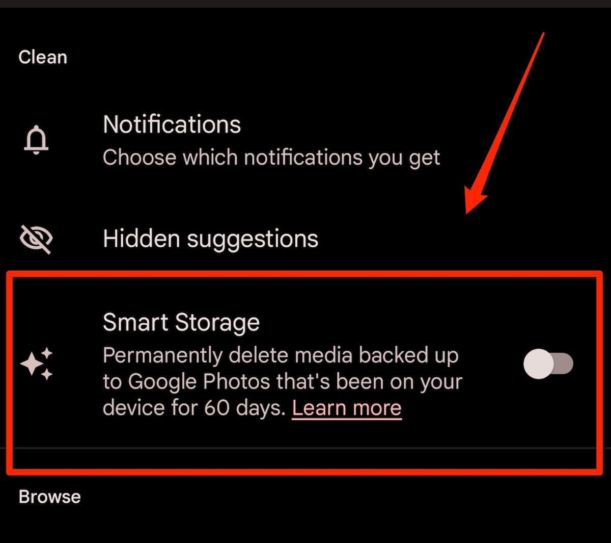 A screenshot showing Google's Smart Storage setting