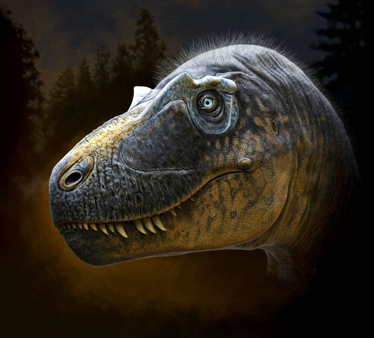 A blue-gray dinosaur head is seen with piercing eyes rimmed with tiny hornlets. The dinosaur's jaw is yellowish-brown and fixed with a frightening set of teeth.