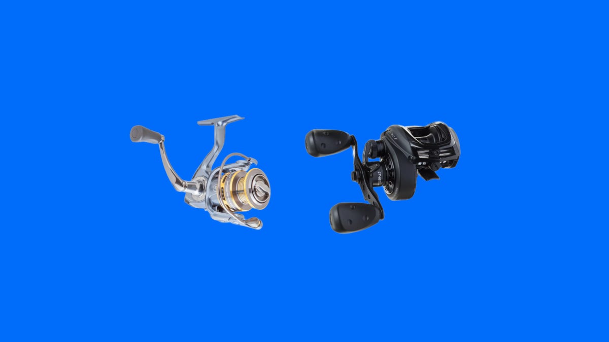 Two fishing reels on a blue background