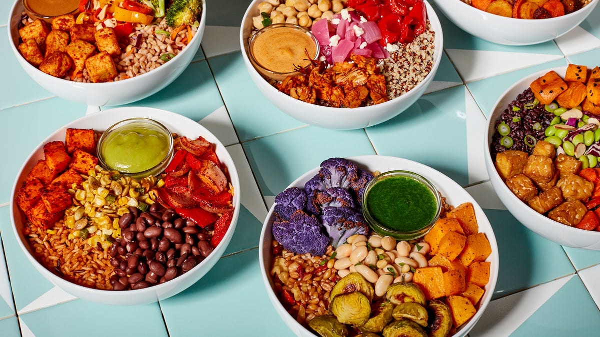 six bowls of mosaic vegan meals