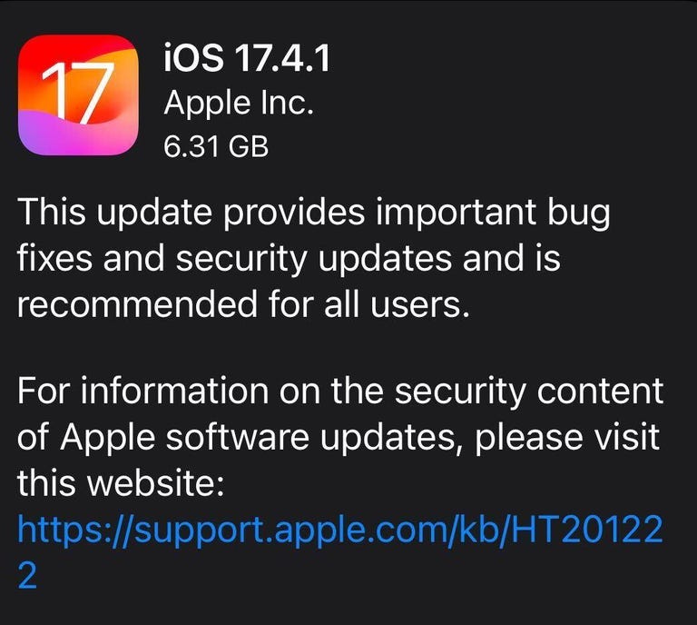 iOS 17.4.1 update information which reads this update provides important bug fixes and security updates and is recommended for all users.
