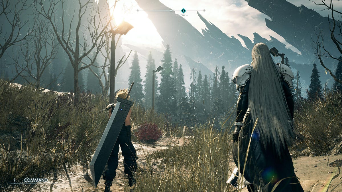 Cloud and Sephiroth explore a grassy area near a forest and some stoney spikes in Final Fantasy 7 Rebirth