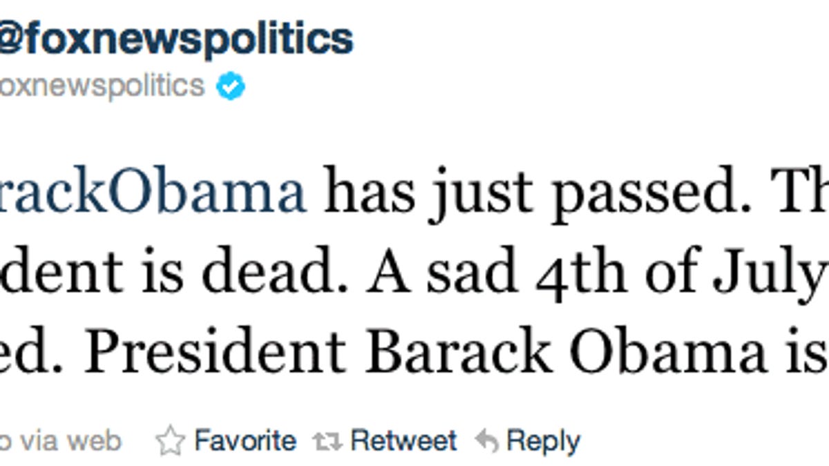 A Fox News Twitter feed was hacked and used to publish false items that President Barack Obama had been killed.