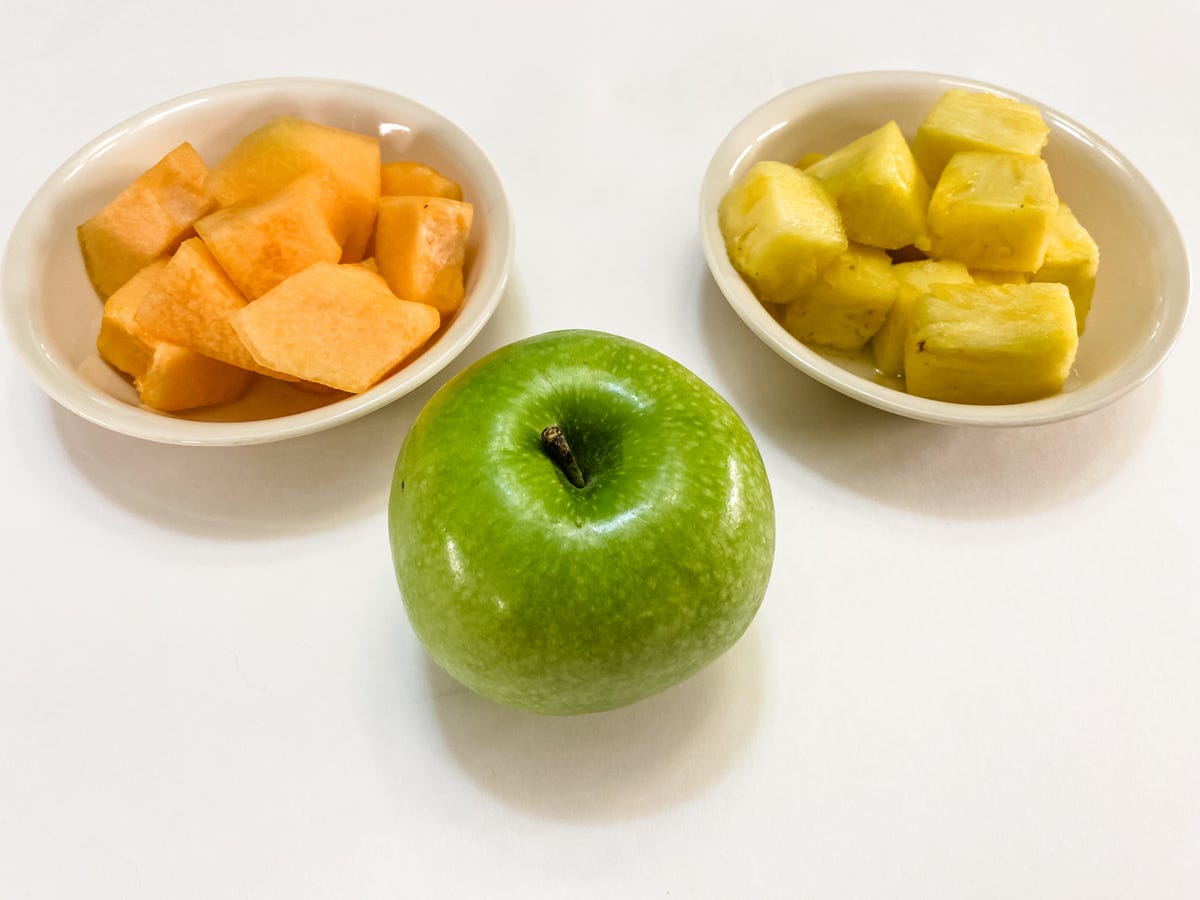 5 servings of fruit: one cup cantaloupe, one cup pineapple, one apple