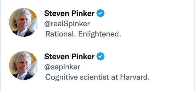 Two Twitter accounts with verified blue check marks claiming to be Steven Pinker.