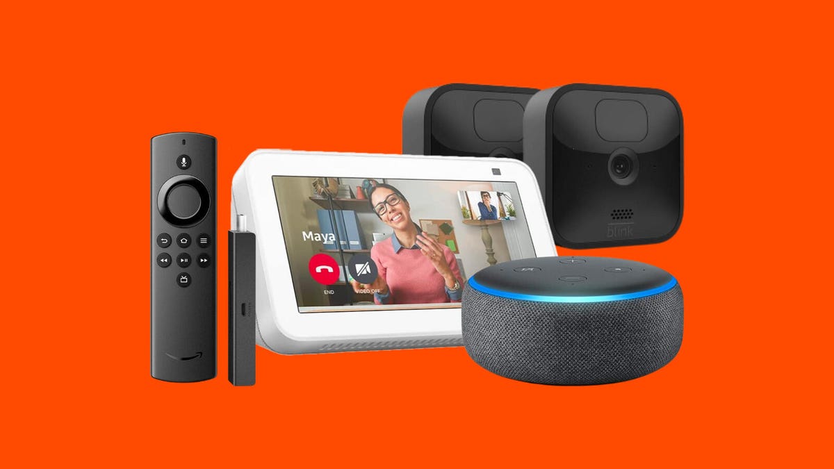 Collage of Amazon devices including Fire TV Stick, Echo Show 5, Amazon Echo Dot and Blink Outdoor security cameras