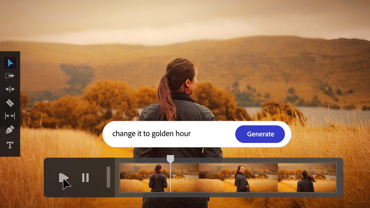 Um modelo de tela dos ajustes de cores de vídeo automatizados do Firefly mostrando uma paisagem noturna com as costas de uma mulher em primeiro plano e um campo de entrada de texto com 