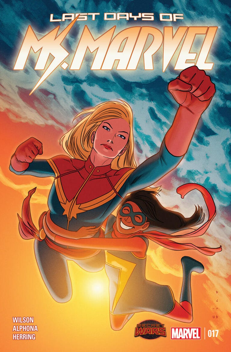 Captain Marvel flies through the sky as Ms. Marvel holds onto her waist on the cover of Ms. Marvel 17