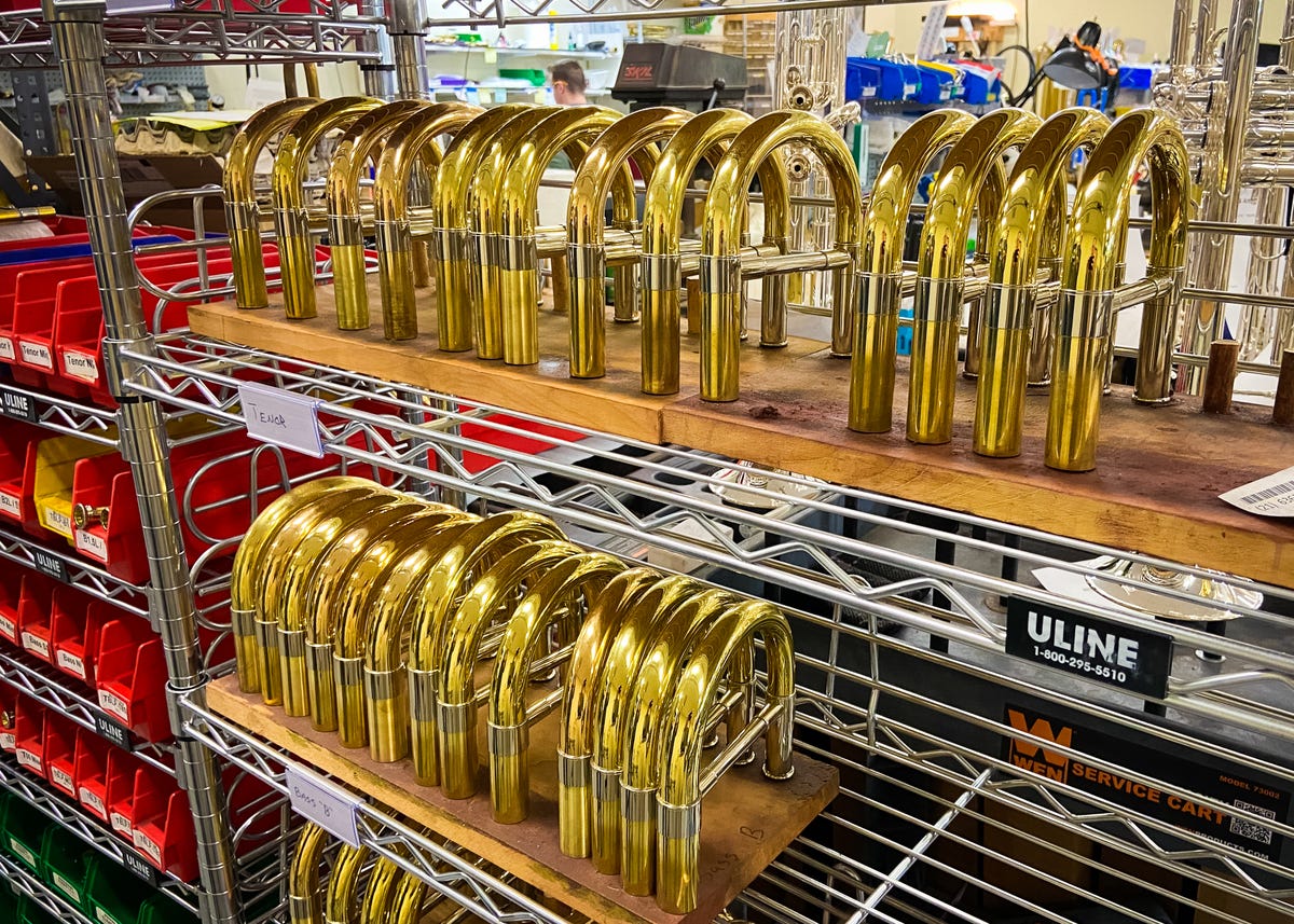 Trombone tuning slides at the S.E. Shires instrument factory