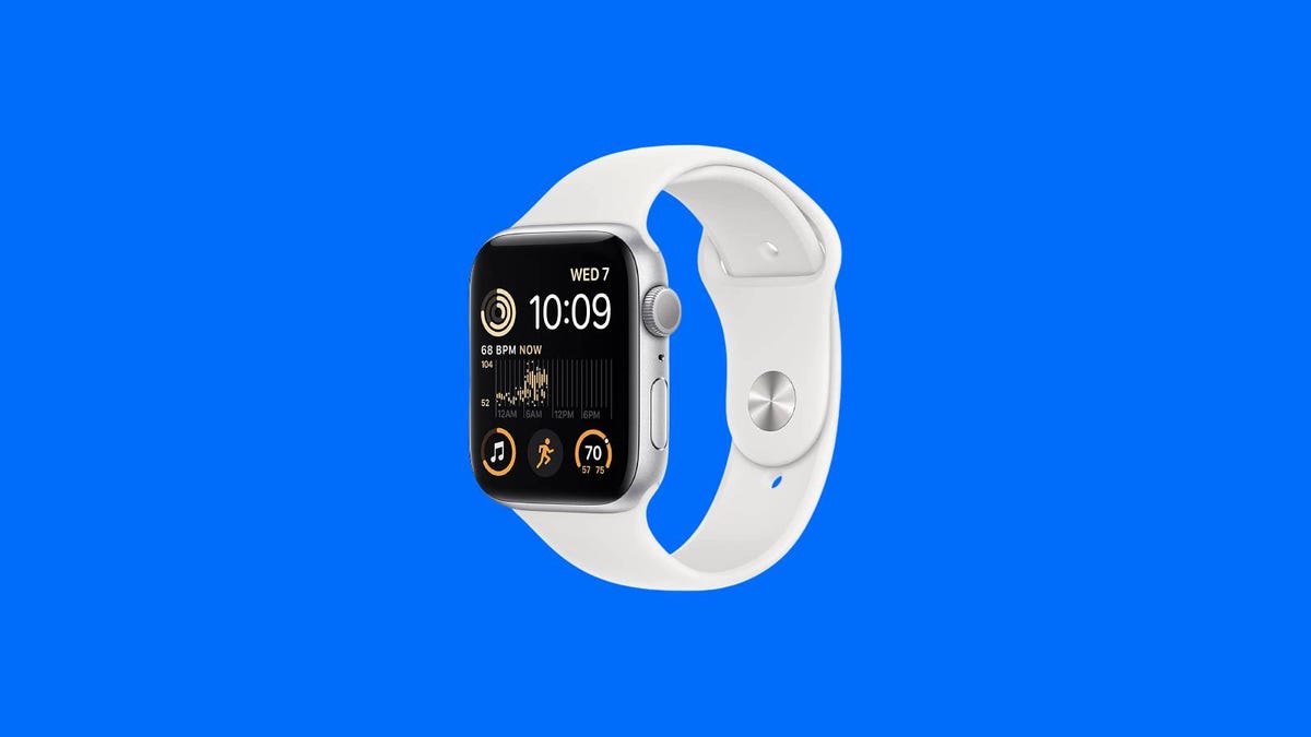 The 2022 Apple Watch SE (2nd Gen) is displayed against a blue background.