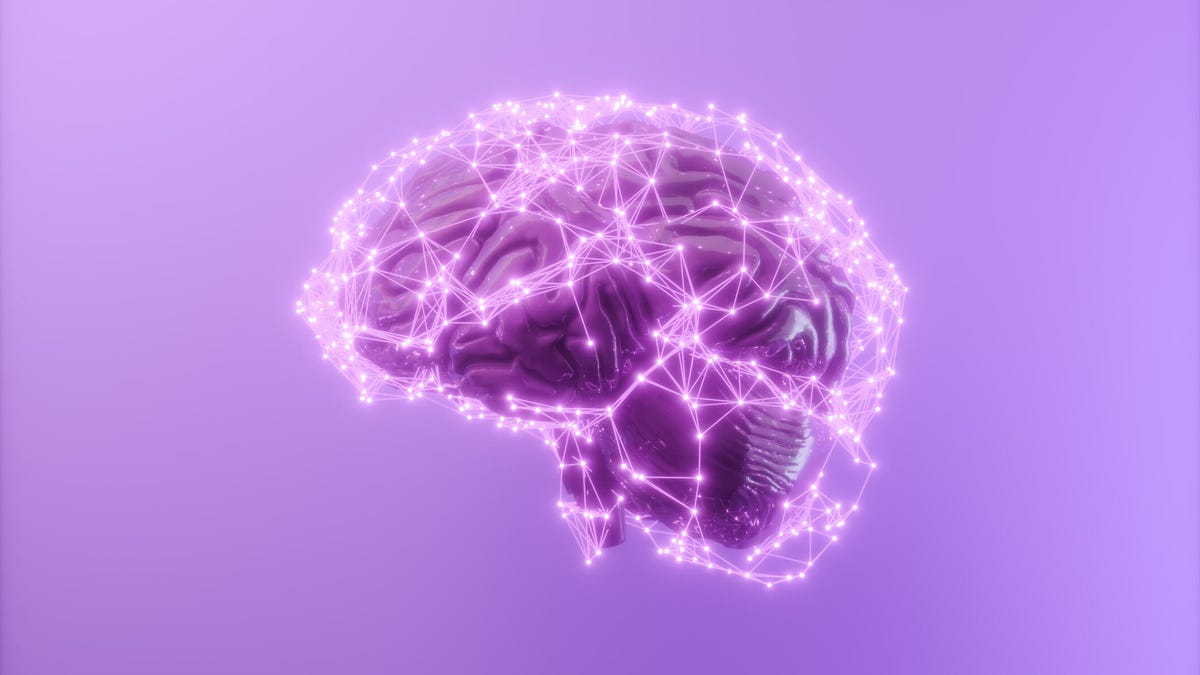 Digital illustration of a human brain surrounded by a glowing network of map-like connections.