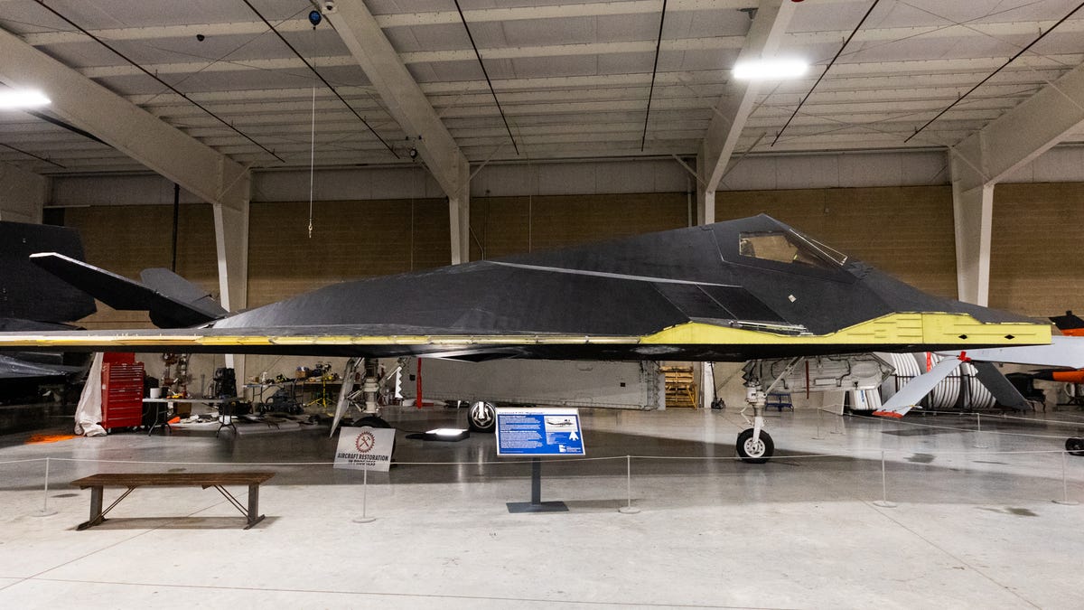The angular F-117 with panels missing due to it undergoing restoration.