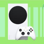 A white Xbox Series S console and controller agains a green background.