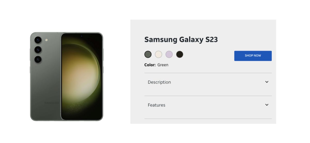 Samsung Galaxy S23 back and front and color choices at an AT&T store