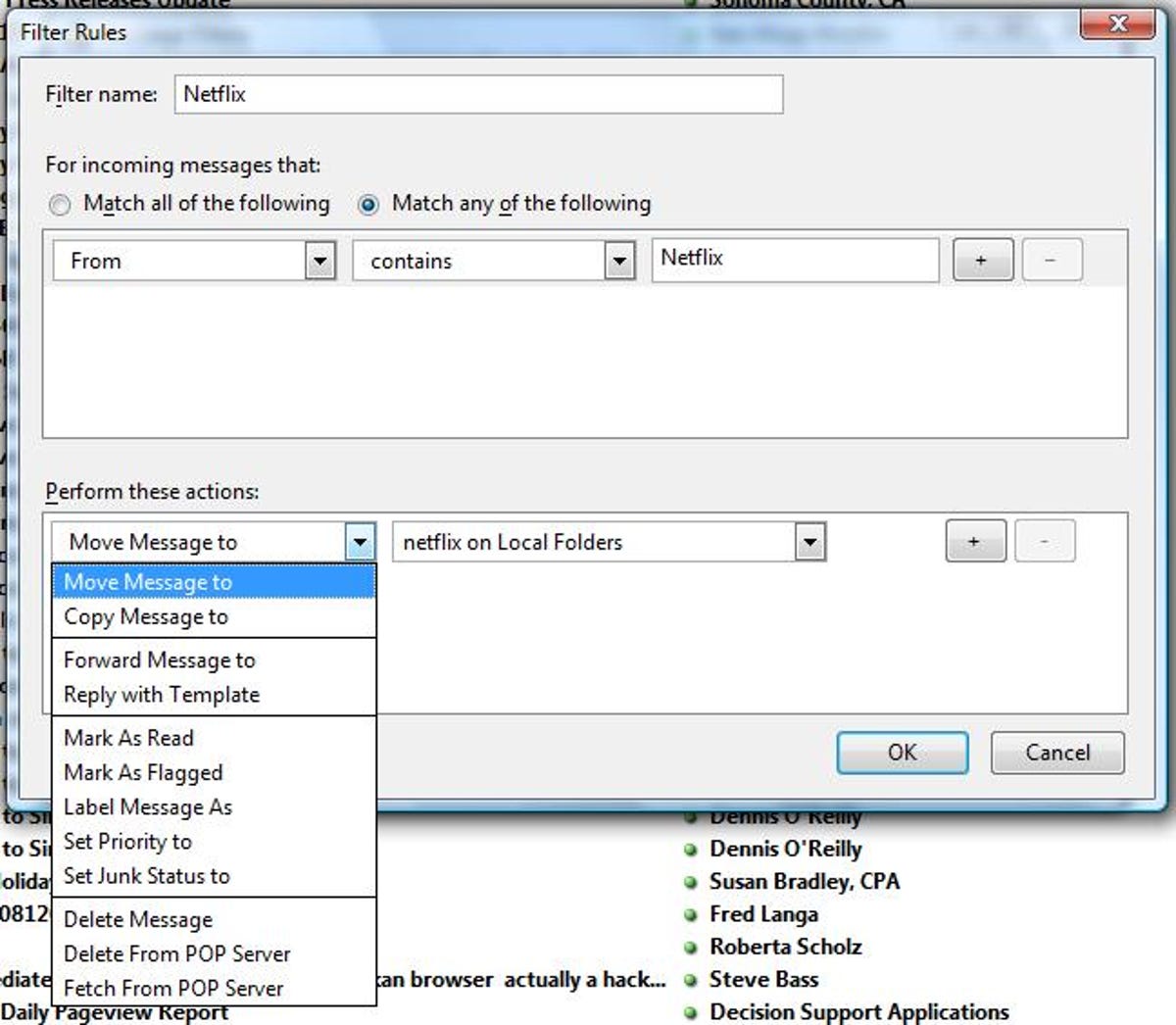Mozilla Thunderbird Filter Rules dialog box