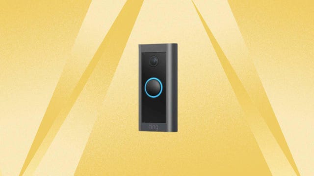 Ring Video Doorbell Wired is displayed against a yellow background.