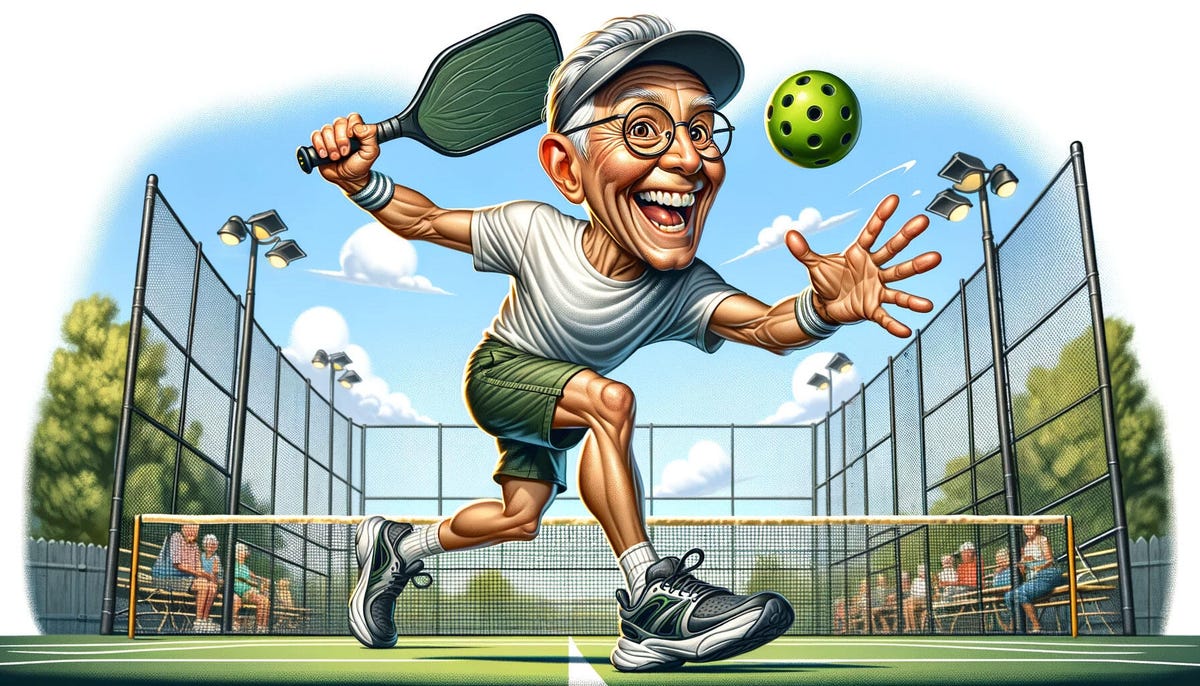 An AI-generated caricature of an older man playing pickleball
