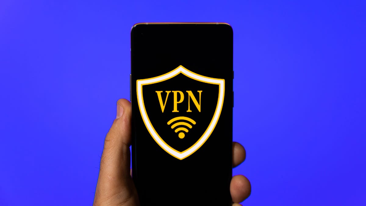 Phone screen with "VPN" and the Wi-Fi symbol centered in a shield