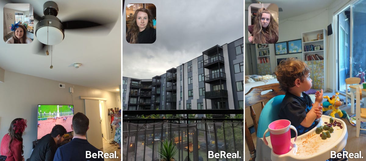 Three BeReal posts showing the Kentucky Derby on TV, the view from a balcony overlooking a courtyard, and a child in a high chair, with selfies overlaid.