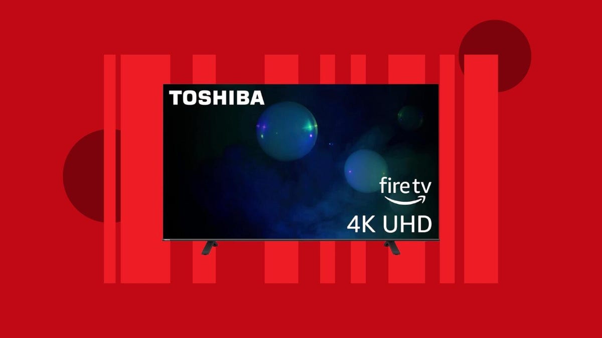 The Toshiba 55-inch C350 Series LED 4K UHD smart Fire TV is displayed against a blue background.