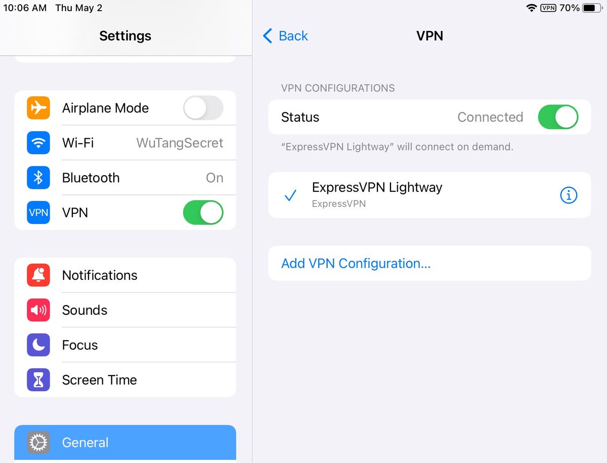 A VPN running in the settings on iOS or iPadOS