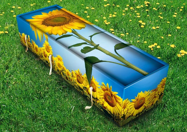 Coffin with a sunflower design